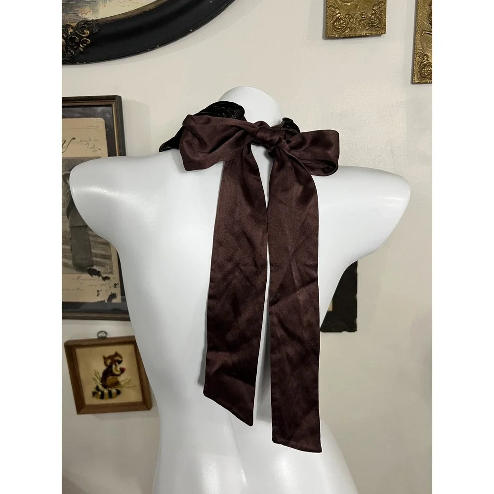 Vintage Dark Brown Velvet Infinity Scarf with Satin Bow Accent